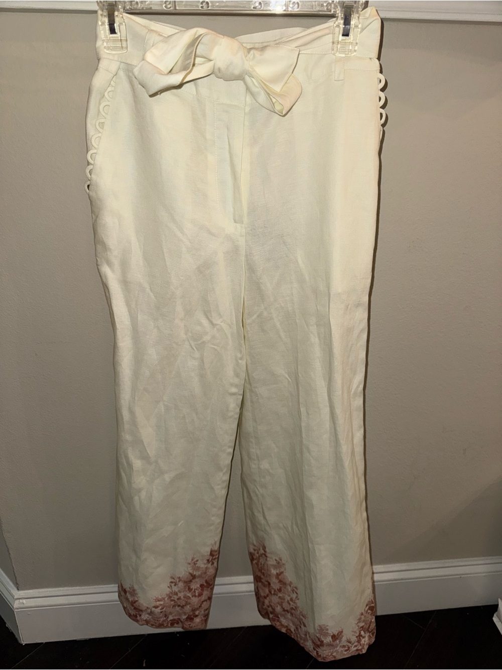 NWT Elie Tahari Cream Wide-Leg Embroidered Hem Tie-Waist Pants